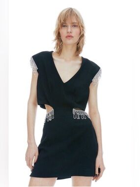 NWT H&M Studio 2022 Black Rhinestone Embellished Cutout Mini Black Dress Size 16